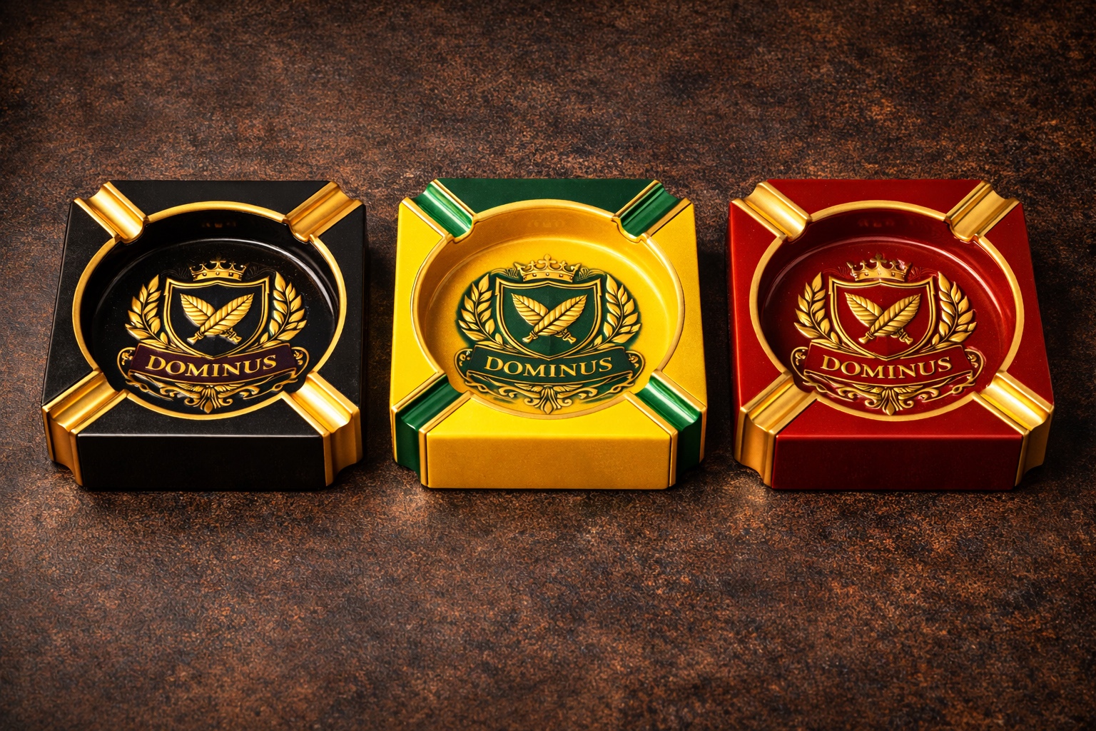 Three branded ashtrays in black, green and red