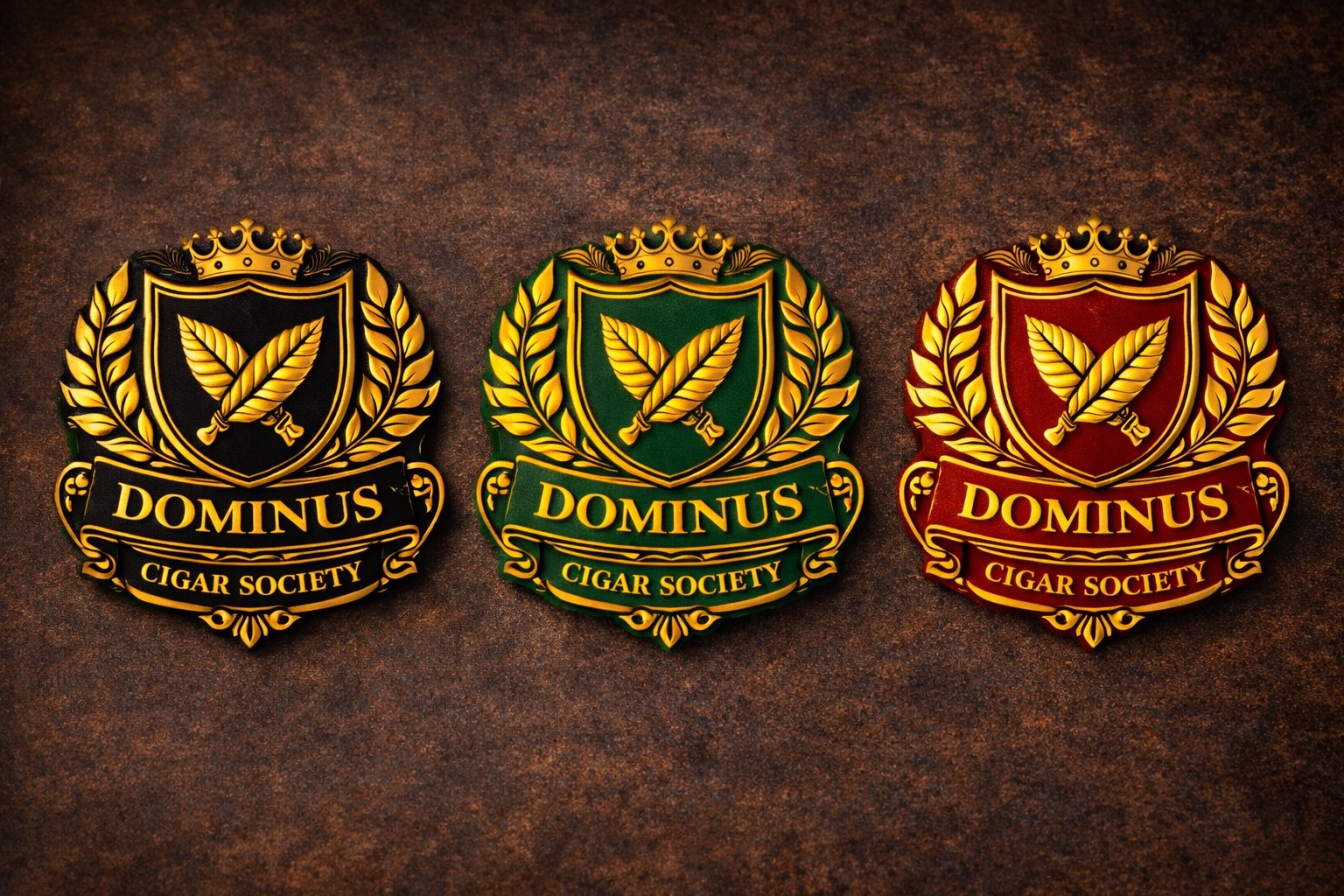 Three Dominus Cigar Society badge styles