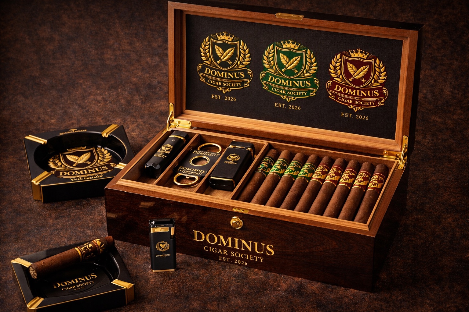 Open Cigar Society gift box with cigars and accessories